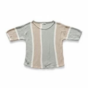 Poetry 2 Linen Short Sleeve Knit Sweater Top Lagenlook Muted Green Stripe